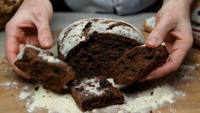 close up 4k footage of dark brown rye bread with a mix of wheat flour being broken into pieces highlighting soft textures freshness and artisanal bread making in culinary stock content