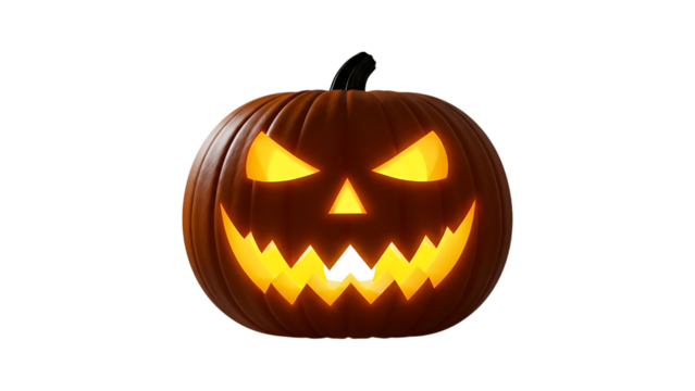 Spooky carved halloween pumpkin with glowing orange light isolated on transparent background