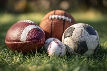 Assorted sports balls including baseball, football, soccer ball, and basketball on a grassy field ready for an outdoor game