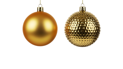 Two golden oval shaped christmas ornaments isolated on transparent background