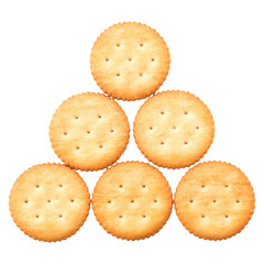 Round crackers stacked in a pyramid shape on a white background