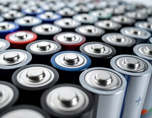 Close-up shows a dense grid of cylindrical batteries, their tops showing colored rings and metallic details