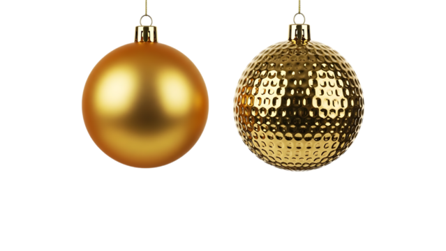 Two golden oval shaped christmas ornaments isolated on transparent background