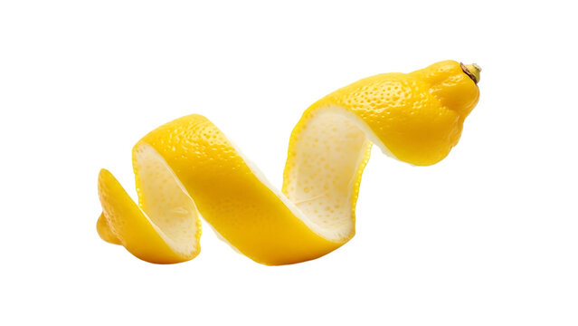 A single spiral lemon peel isolated on transparent background