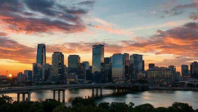 a smooth 4k timelapse captures the sunset descending behind mumbai&rsquo;s office towers and the iconic sealink as shifting colors gently illuminate the skyline from a quiet waterfront vantage point with