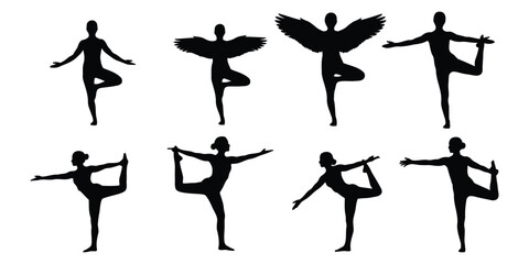 Black Silhouettes of Women in Yoga Balance Poses woman