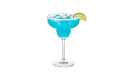 Bright blue margarita cocktail with lime and ice isolated on transparent background
