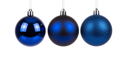 Three blue oval christmas ornaments isolated on transparent background