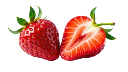 Fresh strawberries cut into halves on a clean white surface, perfect for photography or food styling