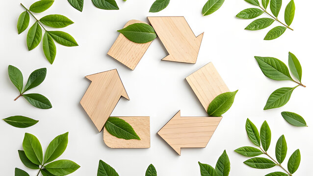 Recycle symbol made of wooden arrows surrounded by green leaves representing environmental awareness and sustainability isolated on white background for ecological design - Powered by Adobe