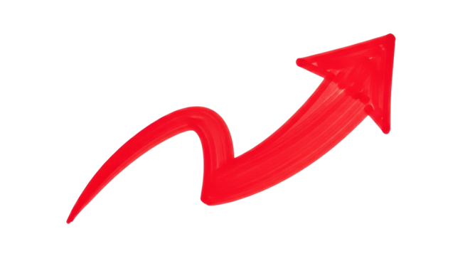Hand-drawn red arrow PNG isolated on transparent background, upward trend indicator for business and financial growth