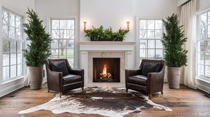 Naklejka premium A cozy living room scene showcases leather armchairs flanking a marble fireplace, topped with lush greenery. Windows on either side bring natural light in.