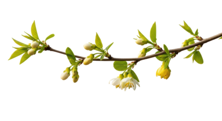 Flowering plum branch isolated PNG on transparent background, delicate spring blossoms with fresh green leaves for design projects