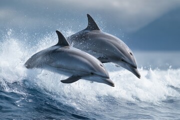Fototapeta premium Marine mammals jump in sync from ocean waves at sunset during a tranquil day by the beach