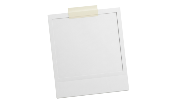 Blank instant photo frame with tape isolated PNG, empty polaroid mockup for memories and photography presentation on transparent background