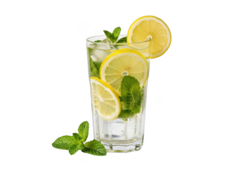 Refreshing lemon and mint infused iced drink isolated on transparent background