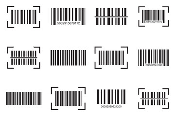 Scan barcode icon set. Scan bar label, QR code and industrial barcode. Product inventory badge, codes stripe sticker and package bars. Supermarket scanning barcode sign.