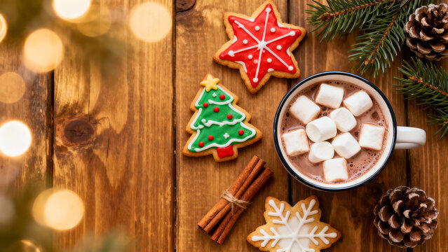 A festive flat lay featuring decorated Christmas cookies shaped like a tree, star, and snowflake arranged beside a mug of hot chocolate topped with marshmallows. Cinnamon sticks, pine cones, and everg