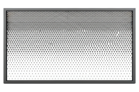 Grey steel panel with perforated round hole pattern isolated on a transparent background