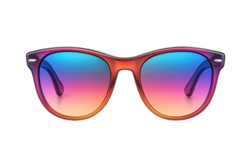 Front view of colorful fashion sunglasses with transparent background for microstock, featuring gradient lenses and brown frame, perfect for summer and style
