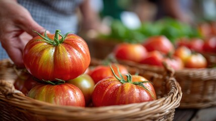 Farmers Market Scene Hand Picking Fresh Heirloom Tomatoes from Wicker Baskets for Natural Harvesting