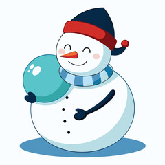 Snowman with a hat, scarf, and Christmas tree in a cheerful winter scene