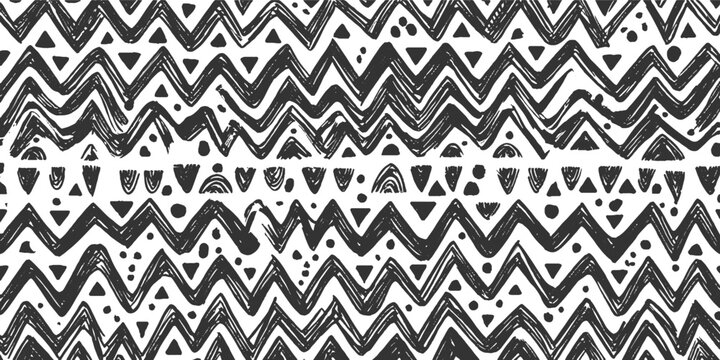 Black and white hand drawn zigzag and geometric pattern abstract background