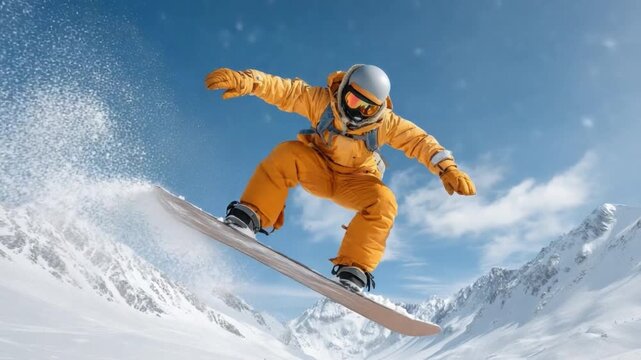 Dynamic Snowboarder Performing Air Trick Against Clear Blue Sky and Majestic Mountain Range 4k Video footage