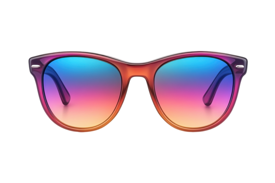 Front view of colorful fashion sunglasses with transparent background for microstock, featuring gradient lenses and brown frame, perfect for summer and style