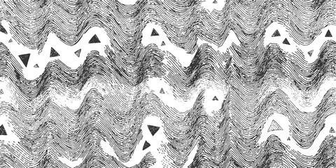 Black and white wavy lines pattern with scattered triangles abstract background
