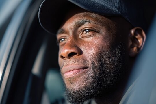 Smiling man enjoying the view from a car window on a sunny day