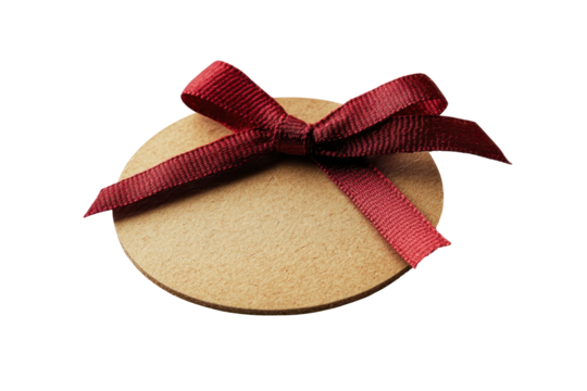 Circle ornament with red ribbon and bow, perfect for christmas, holidays, birthday decoration, or sale tag, on a white isolated background