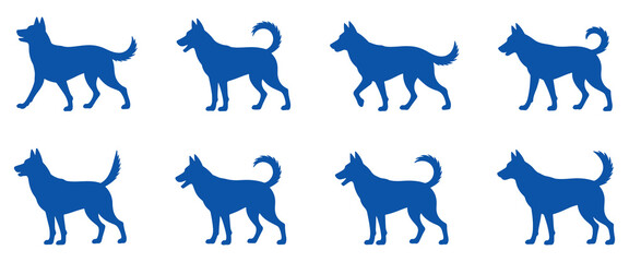 Blue dog silhouette icon set featuring multiple standing canine shapes in clean minimal style, perfect for pet care branding, veterinary graphics, dog training visuals, animal symbols, and modern 