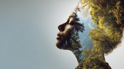 A serene fusion of nature and woman, where the silhouette merges with a canopy of trees. Beauty in harmony, nature's embrace, where inner peace meets the wild.
