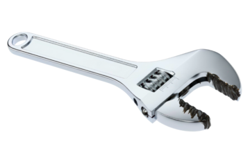 Chrome adjustable wrench tool with black grease on jaws isolated on a transparent background