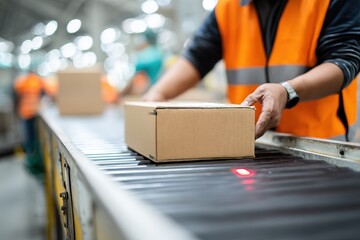 Workers sort packages on a conveyor belt in a busy warehouse during the daytime