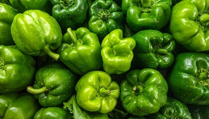 Close-up shows a pile of fresh, green bell peppers with water droplets, indicating recent washing or rain