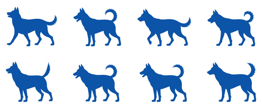 Blue dog silhouette icon set featuring multiple standing canine shapes in clean minimal style, perfect for pet care branding, veterinary graphics, dog training visuals, animal symbols, and modern 