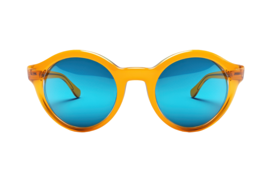 Front view of colorful fashion sunglasses with transparent background for microstock, featuring gradient lenses and brown frame, perfect for summer and style