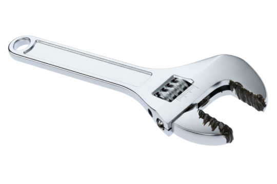 Chrome adjustable wrench tool with black grease on jaws isolated on a transparent background