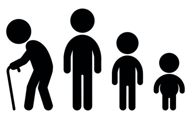 Black silhouette family age icon set showing elderly, adult, and child figures, perfect for family themes, growth visuals, educational artwork, healthcare designs, and clean modern icon applications