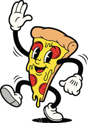 Happy Walking Pizza Slice Mascot Waving Hand and Smiling.