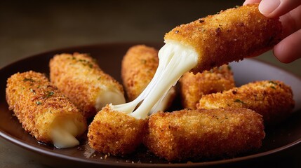 Golden fried cheesy sticks on a brown plate. Perfect appetizer for any party, featuring a long, gooey cheese pull as one is picked up and broken apart by a hand.