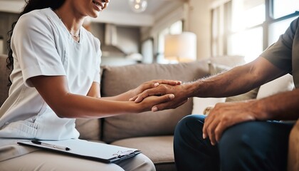 Young compassionate hispanic female nurse holding the hand of a senior male patient, home healthcare and emotional support