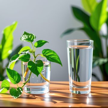 Healthy plant on wooden table beside clear glass of refreshing water, table, clean, water