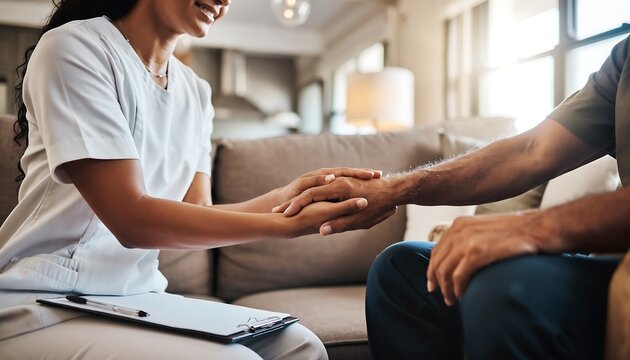 Young compassionate hispanic female nurse holding the hand of a senior male patient, home healthcare and emotional support
