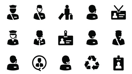 Security, Service, and Identification Icons Set. Customer Support Agents, Police Officers, Travelers, and ID Badges Vector Illustration