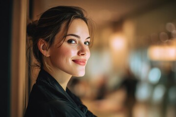 Obraz premium Confident woman smiling indoors, creating a warm and inviting atmosphere in a cozy setting that showcases her stylish appearance and friendly demeanor