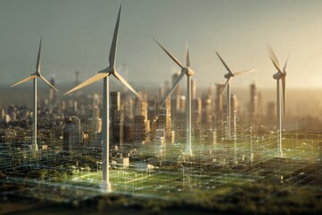 Futuristic smart grid system visualizes sea energy integration with wind turbines in a modern cityscape at sunset