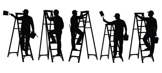 Silhouettes of Men Painting and Climbing Ladders renovation